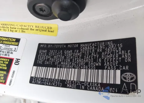 2016 Toyota Corolla S W/Special Edition Pkg z USA, uszkodzony, nr VIN 2T1BURHE1GC486335